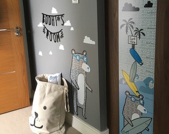 Surfing Bear Height Chart, Growth Chart, Kids Wall Chart, Surf Room Theme
