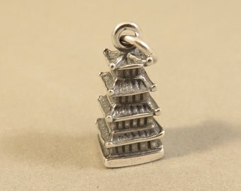Sterling Silver 3-D PAGODA Charm Pendant Asian Chinese Japan Tiered Temple Shrine Oriental Asia Travel Places .925 Sterling Silver New tr101
