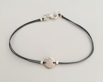 Tiny circle link bracelet, fine silver, PMC, sterling findings, grey nylon cord