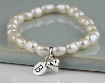 Freshwater Pearl Bracelet with Solid Silver or Gold Petite Heart Charm Personalised with a Solid Silver Stamped Initial Charm