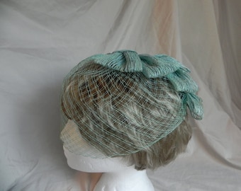 Rare Vintage Dress Hat with Blue Green Bows and Veil 1940's