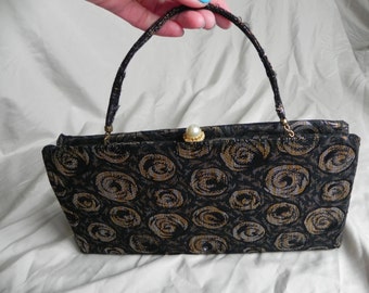 1950's Lovely Black Silver and Gold Brocade Clutch Purse Handbag with Handle by Ande'