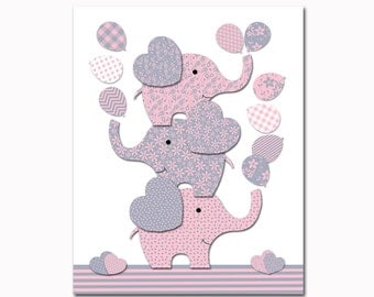 Elephant nursery decor pink grey nursery wall art for baby girl room decor playroom decor nursery artwork kids room decor children room art