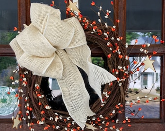 White and Orange Fall Wreath with Burlap Bow and Stars