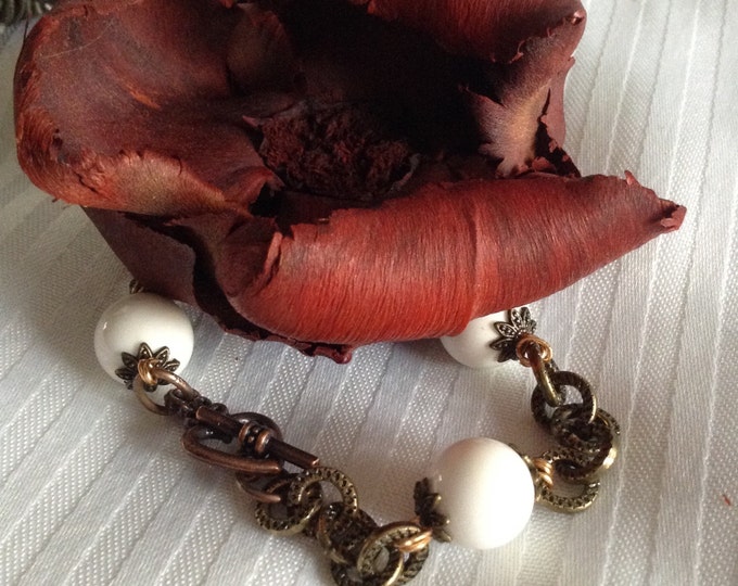 Antique Brass White Shell Bracelet...heart toggle bracelet