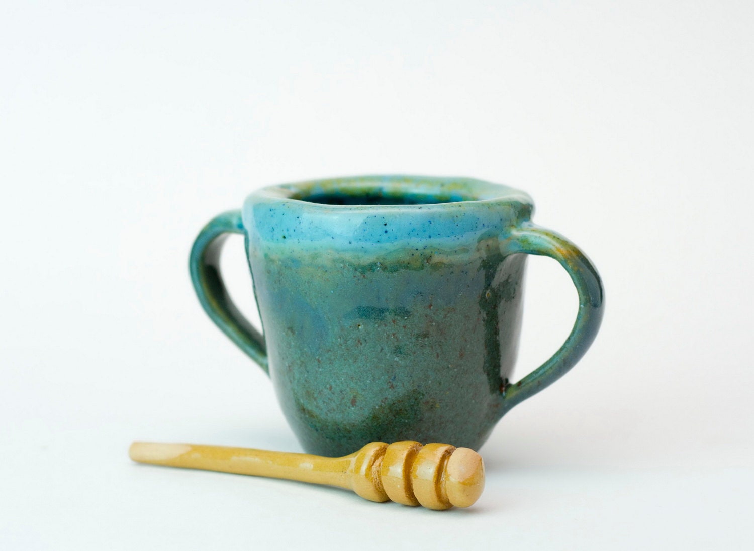 Handmade ceramic blue honey pot with dipper ceramic honey