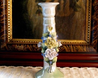 Antique German Lustreware Bisque Candlestick Candle Holder Applied Roses and Forget Me Nots
