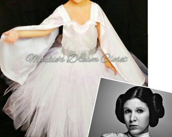 Baby girl toddler princess Leia traditional star wars tutu dress costume white silver birthday present ships free handmade to order sleeves
