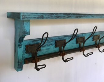 Rustic Coat Rack, Reclaimed, Hat Rack, Vintage Hooks, Entry Shelf, Farmhouse, Turqouise, Wedding, shabby chic