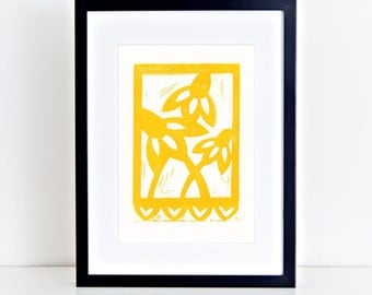 Texas Wildflower Linocut Block Print Papel Picado Yellow Coneflower 8x10 4x6