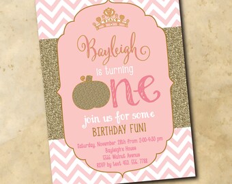 Adorable Princess Birthday Invitation with gold glitter Pumpkin/DIGITAL FILE/printable/wording and age can be changed