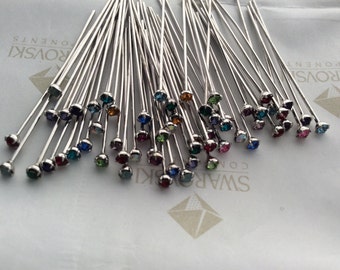 60 pieces Assorted Colors Swarovski Crystal pp18 Rhinestones Silver Headpins 21 gauge x 1 1/2 inches