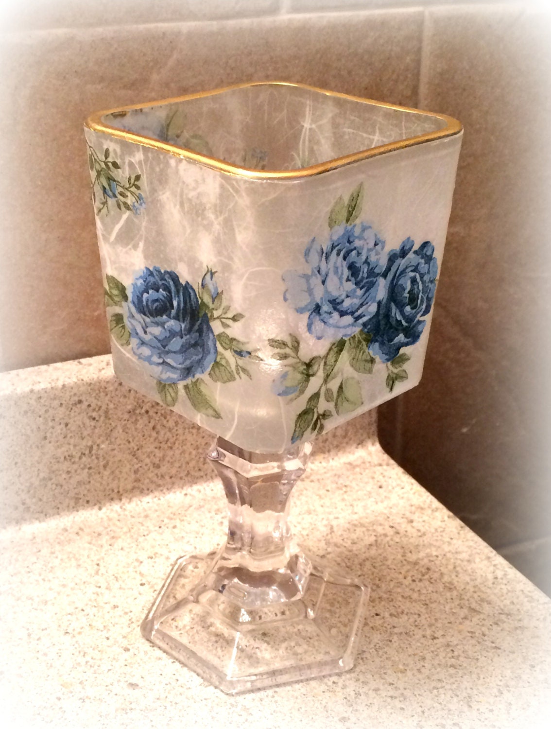 Shabby chic candle holder blue roses on glass decoupage Shabby chic candle holder blue roses on glass decoupage