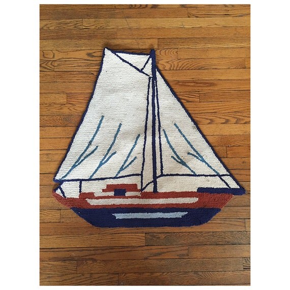 Vintage Sailboat Rug Nautical Rug Nautical Decor Coastal