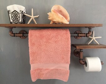 Bathroom Towel Rack, Toilet Paper Holder, Industrial Shelves, Bathroom Shelving, Wood Pipe Shelving, Pipe Shelf, Custom Wall Shelving