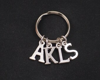 personalized keychain, sterling silver filled, initial keychain, 4 cut out shaped letter charms,silver four letters keyring,family initials
