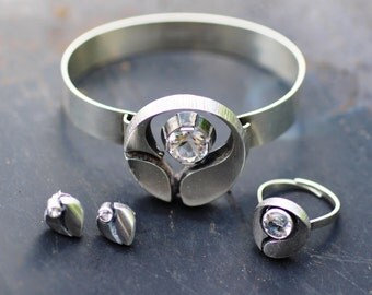 Vintage Modernist Karl Laine, Finnfeelings OY., Finland. Jewelry set, silver sterling, with rock crystal.