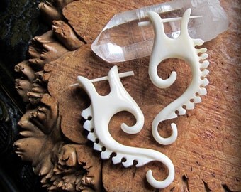 Carved bone fake gauge earrings, tribal festival style, organic hippie eco natural earthy ethnic boho jewelry, faux gauges, on sale!