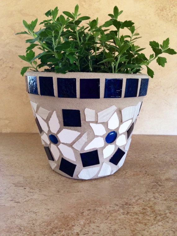 Planter flower pot blue glass mosaic planter outdoor patio
