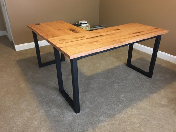 Wood and Steel L shaped desk by ChuckCustomCreations on Etsy