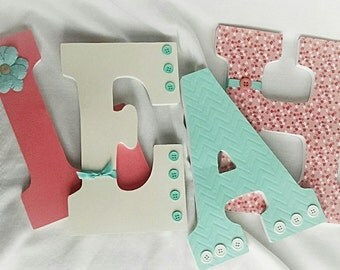 Nursery letters girl, wooden letters, girl's room decor, girl nursery letters, coral and mint nursery