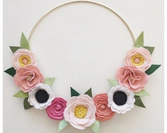 FELT FLOWER WREATH // Pink Wreath // Modern Wreath // Floral Art // Gold Hoop Wreath // Floral Wreath // Roses + Poppies + Anemones