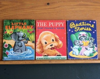Vintage Trio of Rand McNally Junior Elf Books Little Elephant, The Puppy That Found a Home, and Bedtime Stories