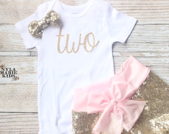 2nd Birthday Outfit, Girls Birthday, baby sequin shorts, Gold birthday outfit, toddler birthday