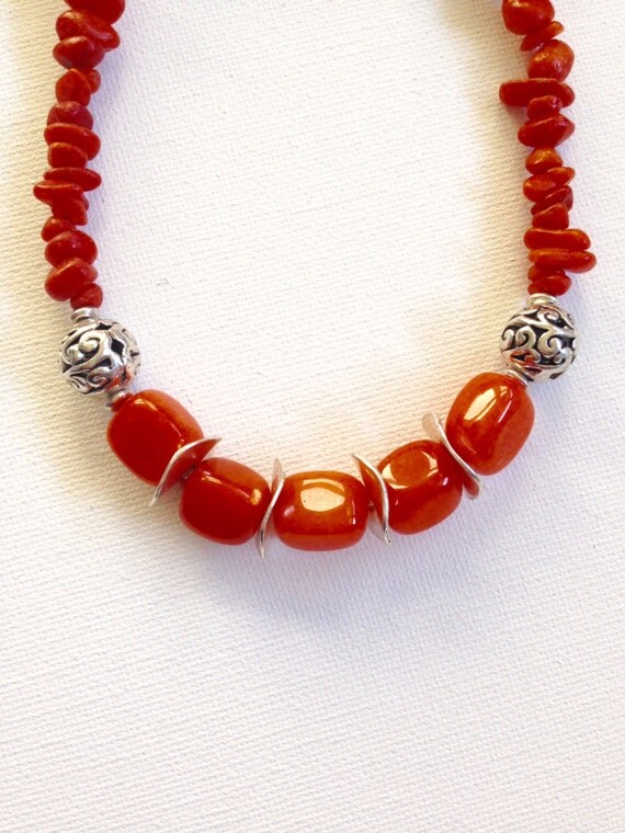 Orange - German Silver Wooden Beads Necklace Set 14