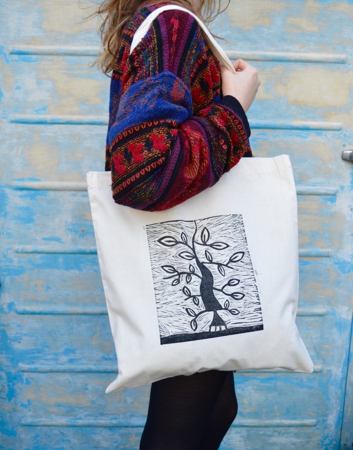 Hand printed tree tote bag lino print on cotton shoulder bag