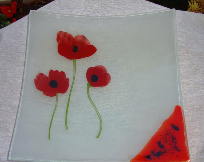 Vintage 90's Poppies Handmade Fused Glass Plate, Serving Platter, Decorative Plate, Fused Glass Dish, Fused Glass Tray