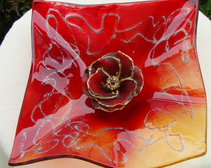 Vintage Rare Red Cooper Quadrate Murano style Handmade Fused Glass Plate, Real Bargain Decorative Bowl, Exclusive Art Glass Bowl Candle Bowl