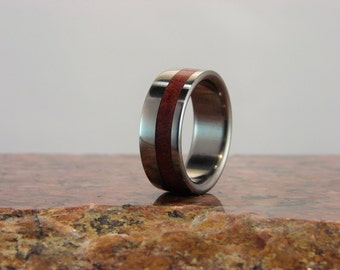 Pink Ivory and Titanium ring, wood inlay ring, metal and wood ring, wedding band, exotic hardwood inlay ring