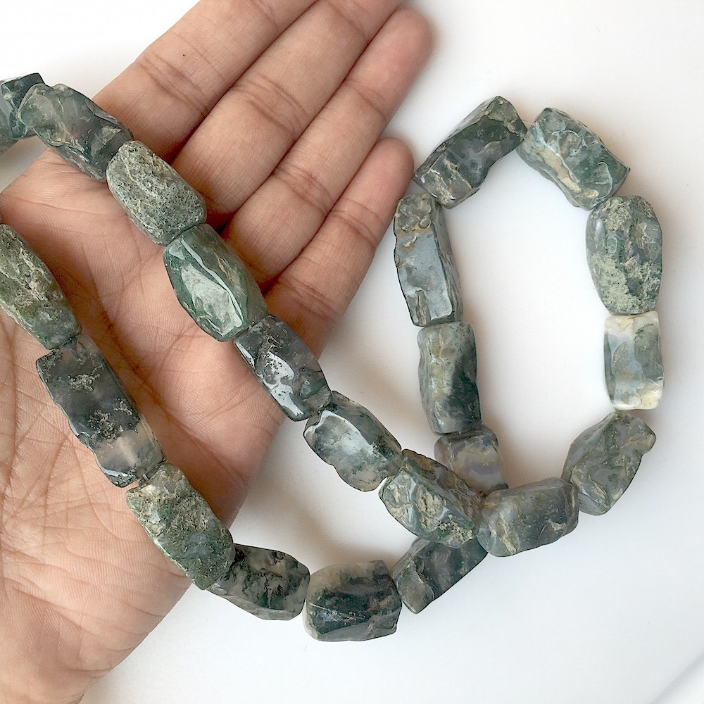 Raw Moss Agate Beads, Natural Hammered Rough Agate Gemstone Beads, 20mm