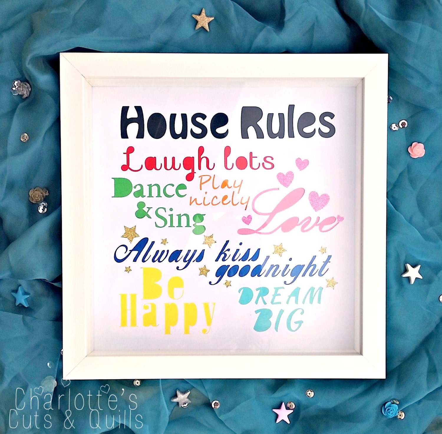 House Rules Paper Cut Framed wall art Bright and Colourful