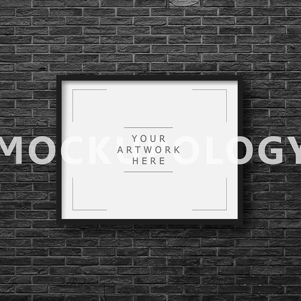 Download 11x14 Horizontal DIGITAL Black Frame Mockup on Black Brick