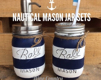 Painted Mason Jar. Bathroom Decor. Home Decor. Nautical Bathroom Decor. Bathroom Set. Rustic Decor. Shabby Chic. Wedding/House Warming Gift.