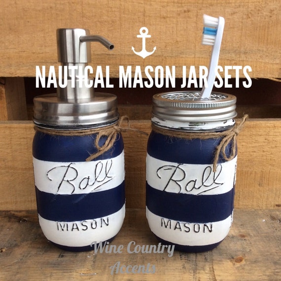 Painted Mason Jar. Bathroom Decor. Home Decor. Nautical