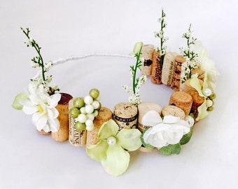 Bachelorette flower cork crown // Bachelorette Tiara // wine cork crown // green accent flower crown