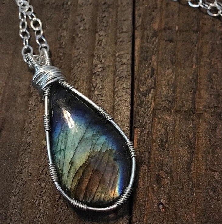 Sterling Silver Wrapped Labradorite Necklace By Thestrandedstone 6970