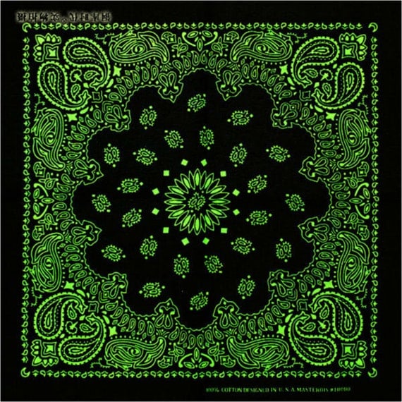 BANDANA Bandanna. Cotton Bandana. Black With Lime Green