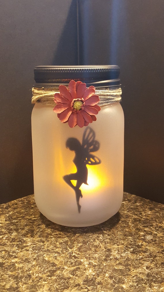 Items similar to Beautiful Frosted Glass Jar Fairy Lantern/Fairy with ...