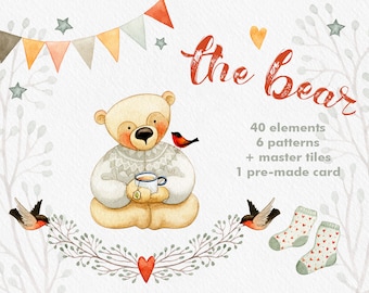 Teddy Bear clipart, Baby clipart, winter clipart, birds clipart, hearts clipart, card template, digital clipart, editable PSD, digital paper