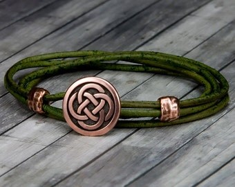 Copper Celtic Knot Green Leather Bracelet - Leather Wrap Bracelet - Leather - Mens Leather Bracelet - Womens Leather Bracelet - Celtic
