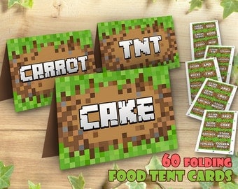 Mine Themed Food Tent Cards, Table Signs Bag Toppers Video Game Food Tent Cards Tags Printable Mineventure Party Kit Set, Instant Download