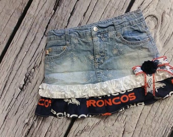Broncos jean skirt, Repurposed jean skirt, Denver Broncos NFL Football little cheerleader skirt