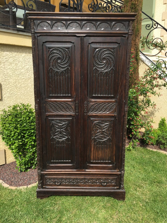 Antique French Gothic Armoire Storage in Oak 19th