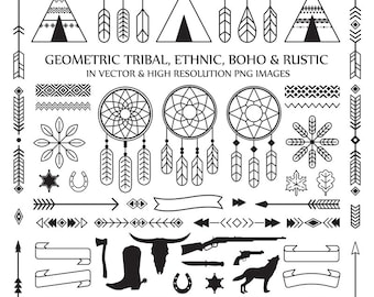 Line Art Tribal Boho Clipart, Feather Arrow Dreamcatcher Rustic Clipart Clip Art PNG Vector EPS, AI Design Elements Digital Instant Download