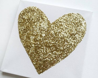 Nursery Art - Nursery Wall Art - Gold Canvas Art - Heart Canvas Art - Gold Wall Art - Gallery Wall - Glitter Art - 8 x 8
