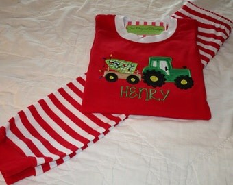 Boy Christmas Pajamas-Boy Personalized Christmas Pajamas- Red Christmas Pajamas-Christmas Tractor Pajamas-Christmas Farm Pajamas